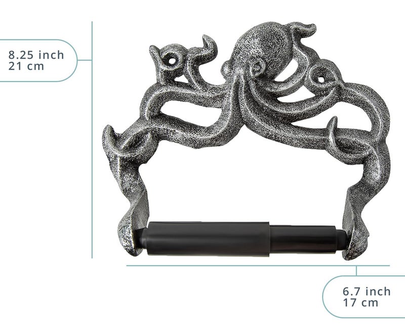 Comfify Decorative Cast Iron Octopus Toilet Paper Roll Holder - Wall Mounted Octopus Decor for Bathroom - Kraken, Nautical Bathroom Accessories - Included Screws and Anchors - Silver & Black - Image 3
